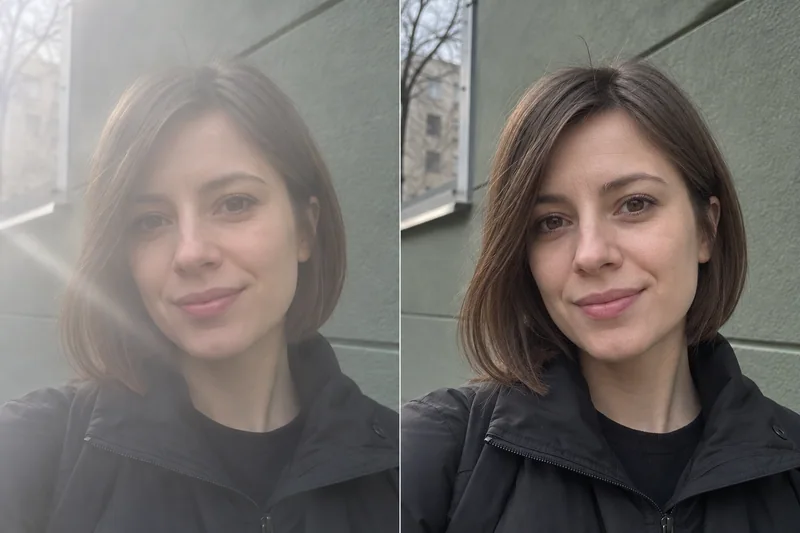 Одна девушка в одинаковом кадре: слева молочная дымка и блик от грязного объектива, справа чёткое изображение.
